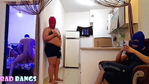 Blonde stepsister in sexy lingerie watching our sex