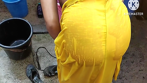 Indian solo woman is naked on the porch in her house