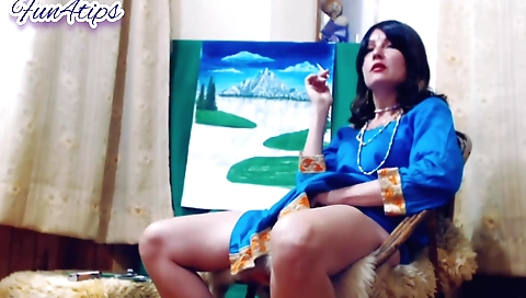 Smoking a cigarette in bedroom with a horny brunette