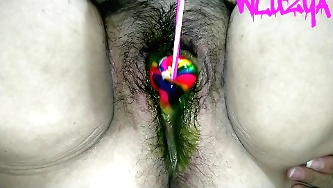 hairy girlfriend with a candy lollipop at the end of sex