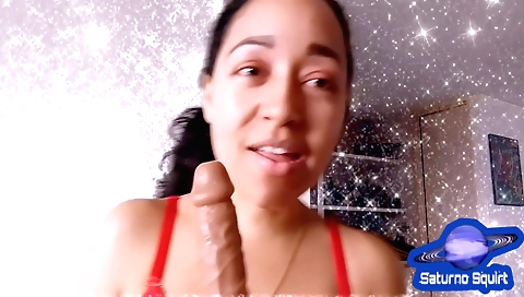 Horny girl with a sexy mouth suck his long cock by herself